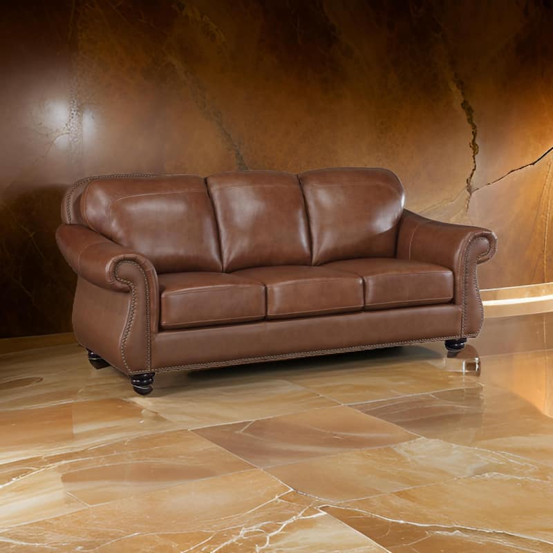 Boro 85 Inch Sofa, Rich Brown Top Grain and Faux Leather, Solid Wood