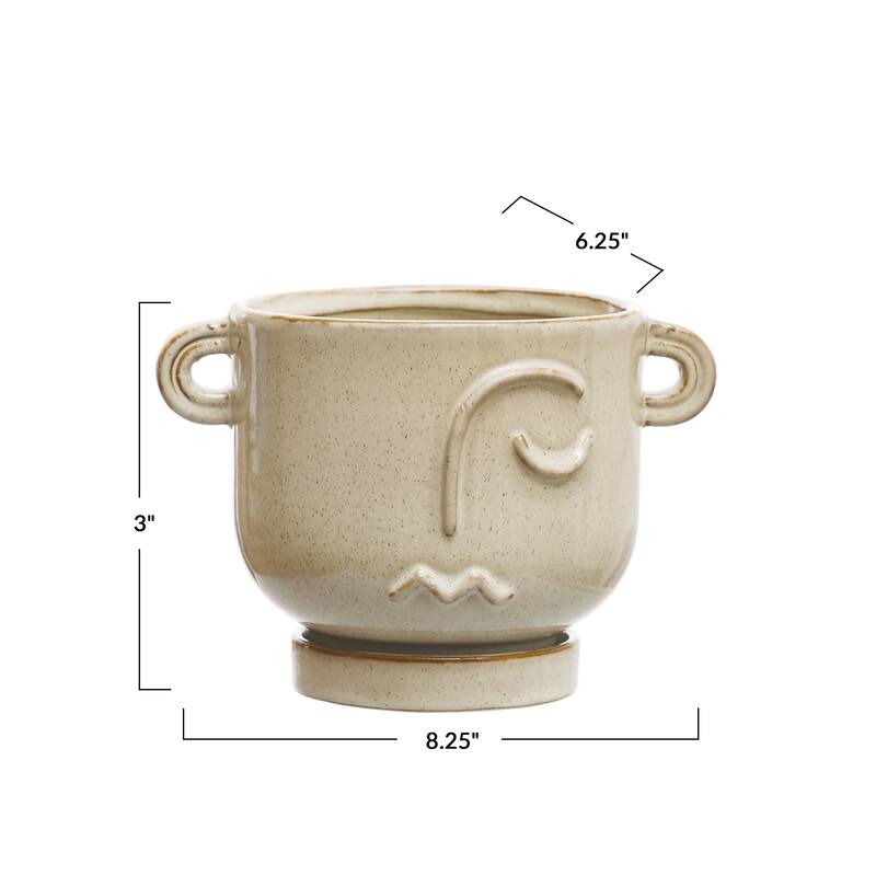 Stoneware Face Planter with Reactive Glaze, Handles, and Saucer - 8.3"L x 6.1"W x 5.8"H