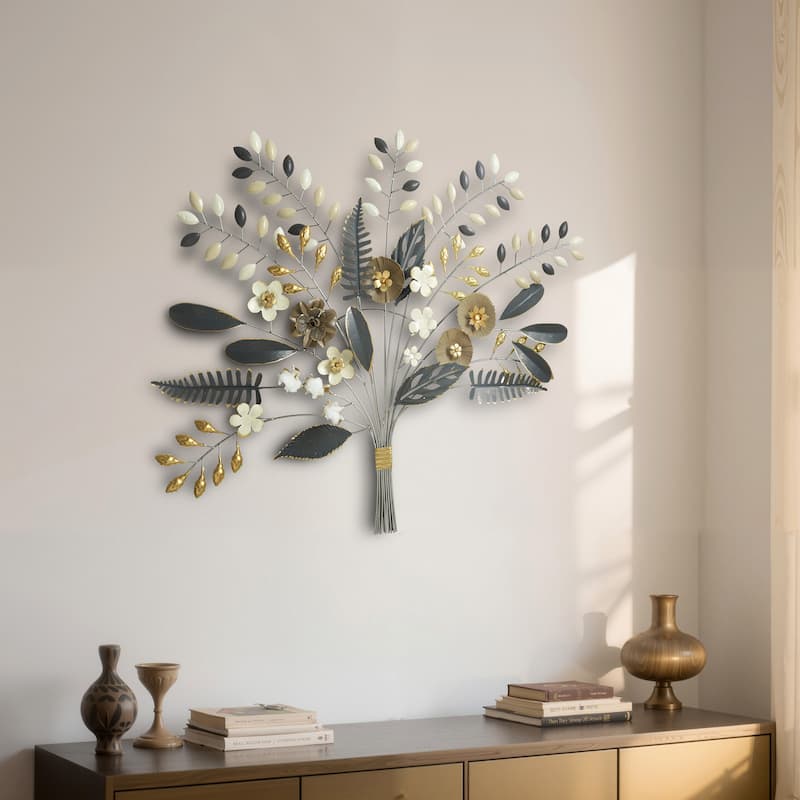 StyleCraft Lilian Arrangement - Metal Flower Bouquet Wall Sculpture - White, Gold, Brown
