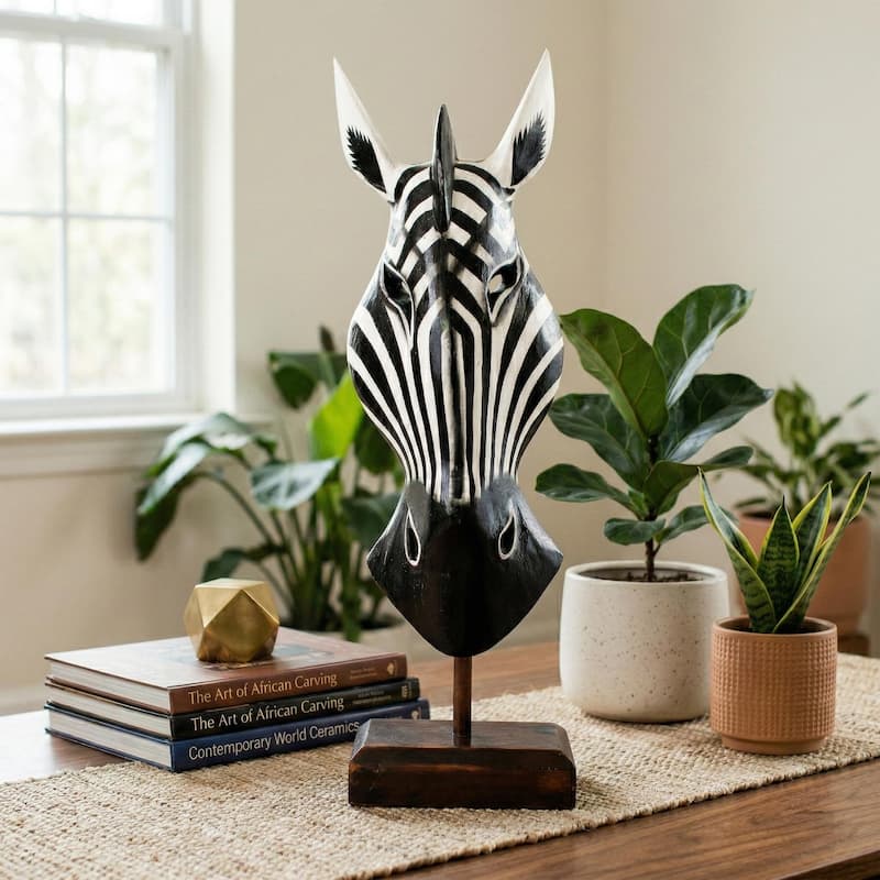 20" Wooden Tribal Striped Black White Zebra Mask with Stand Hand Carved Home Decor Accent Sculpture Decoration Handmade