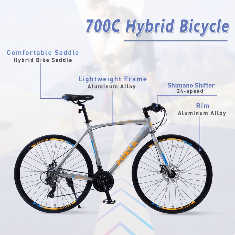 24-Speed Hybrid Road Bike with Disc Brakes, 700C Aluminum Alloy Frame, Shimano Gears, Lightweight City Bicycle
