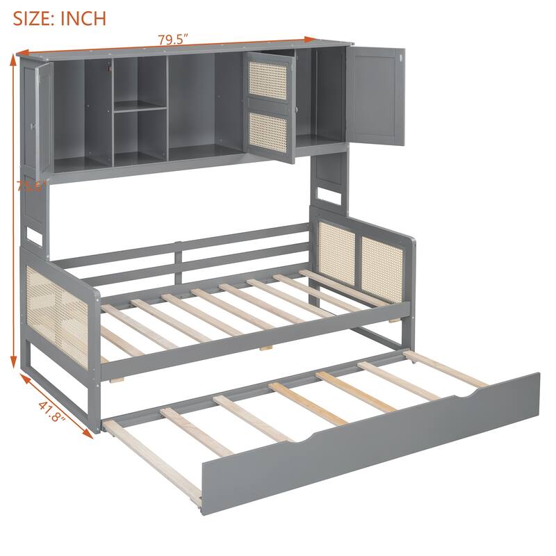 Wood Full Size Daybed with Built-In Storage Cabinet, Shelves & Twin Trundle, Rattan Accent, No Box Spring Needed