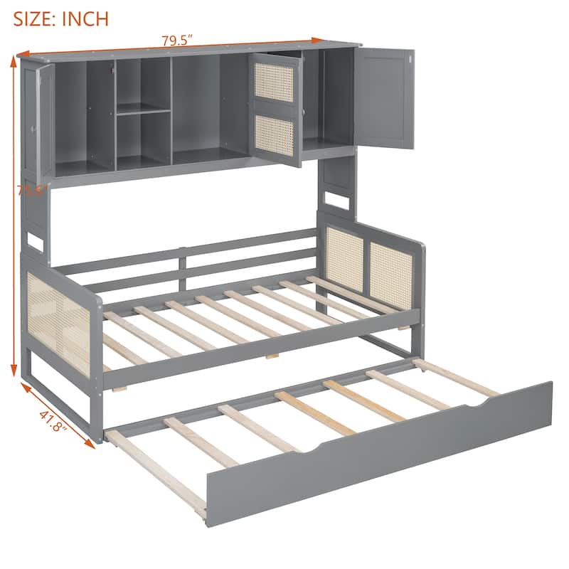 Wooden Daybed with Twin Trundle, Boho Style Rattan and Pinewood Platform Sofa Bed with All in One Cabinet and Shelf