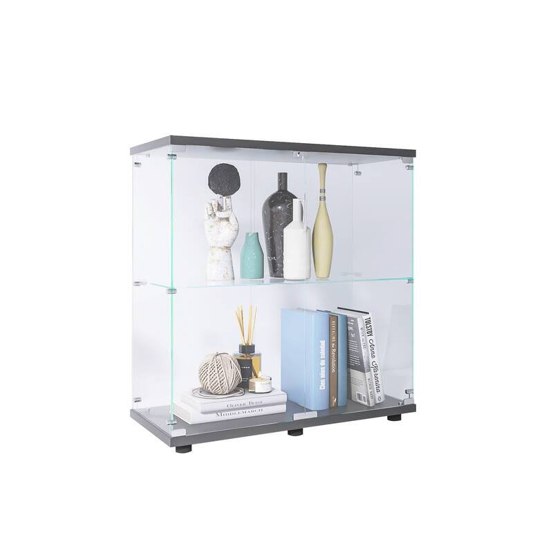 One-Door Glass Display Cabinet with 3 Shelves, Floor Standing Curio Bookshelf with Tempered Glass for Living Room Bedroom Office