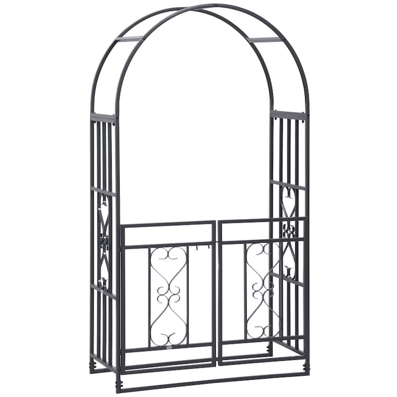 81" Metal Garden Arbor with Double Doors, Locking Gate, Climbing Vine Frame with Heart Motifs, Arch for Wedding - Black