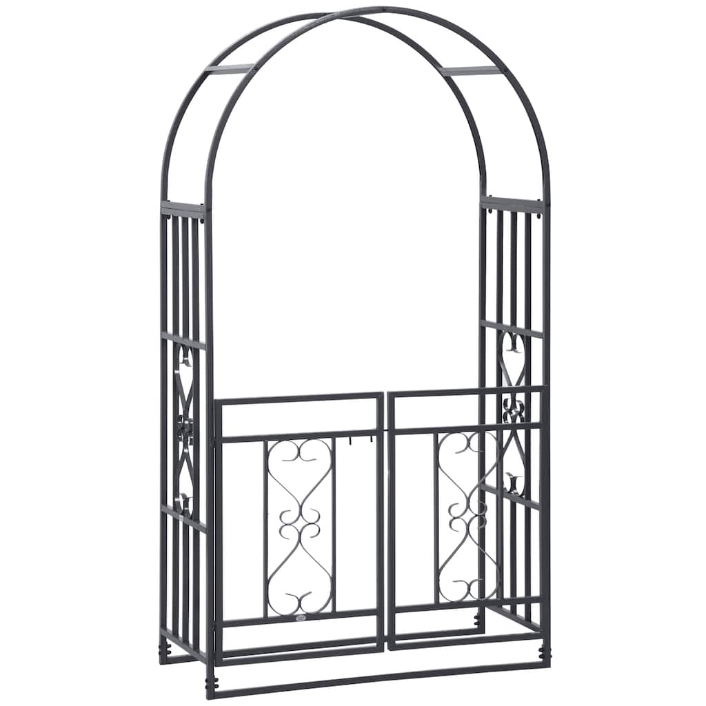 81"Metal Garden Arbor with Double Doors, Locking Gate, Climbing Vine Frame with Heart Motifs,Grey