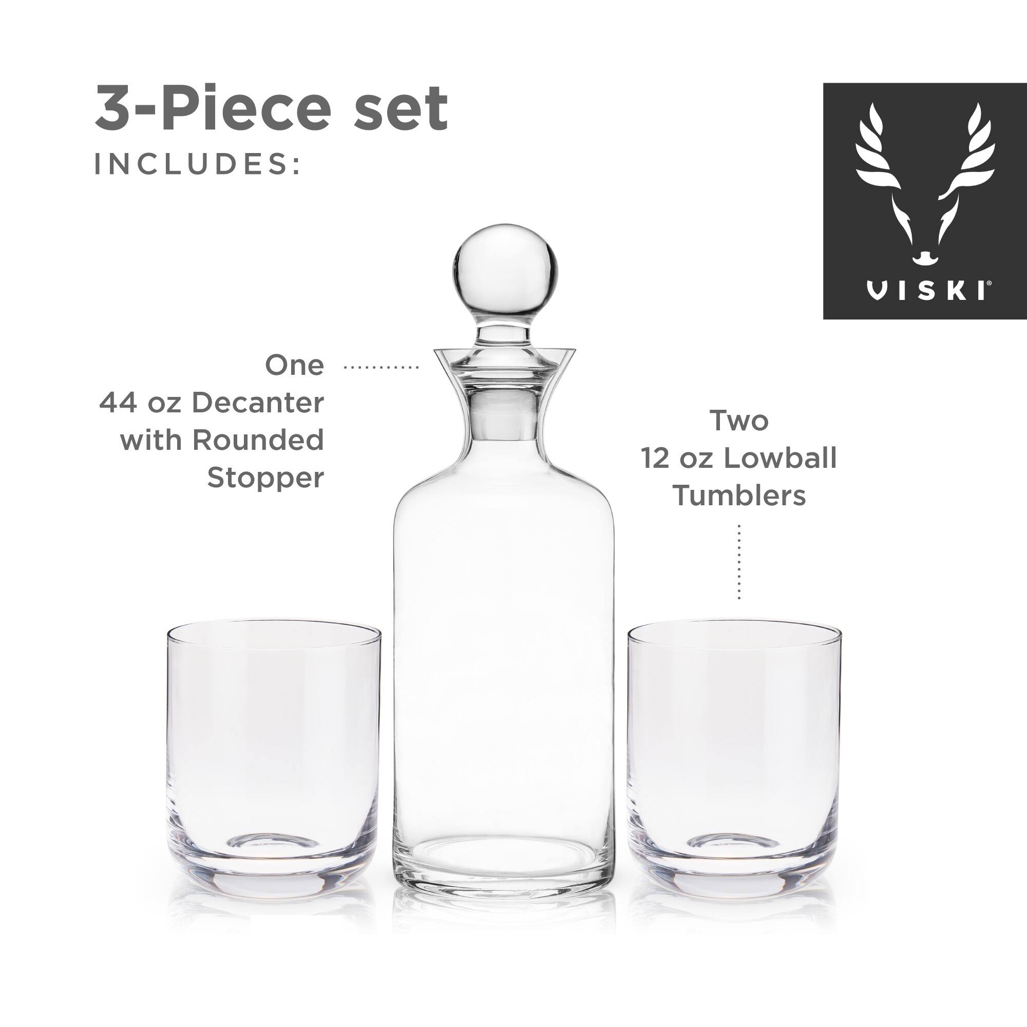 Viski Modern Decanter & Tumbler Gift Set, LeadFree Crystal Barware, 1 Decanter & 2 Glasses On