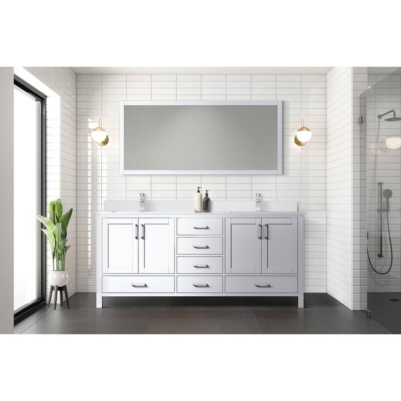 Jacques 72 in. W x 22 in. D White Bath Vanity, Cultured Marble Top, Faucet Set, and 28 in. Mirror