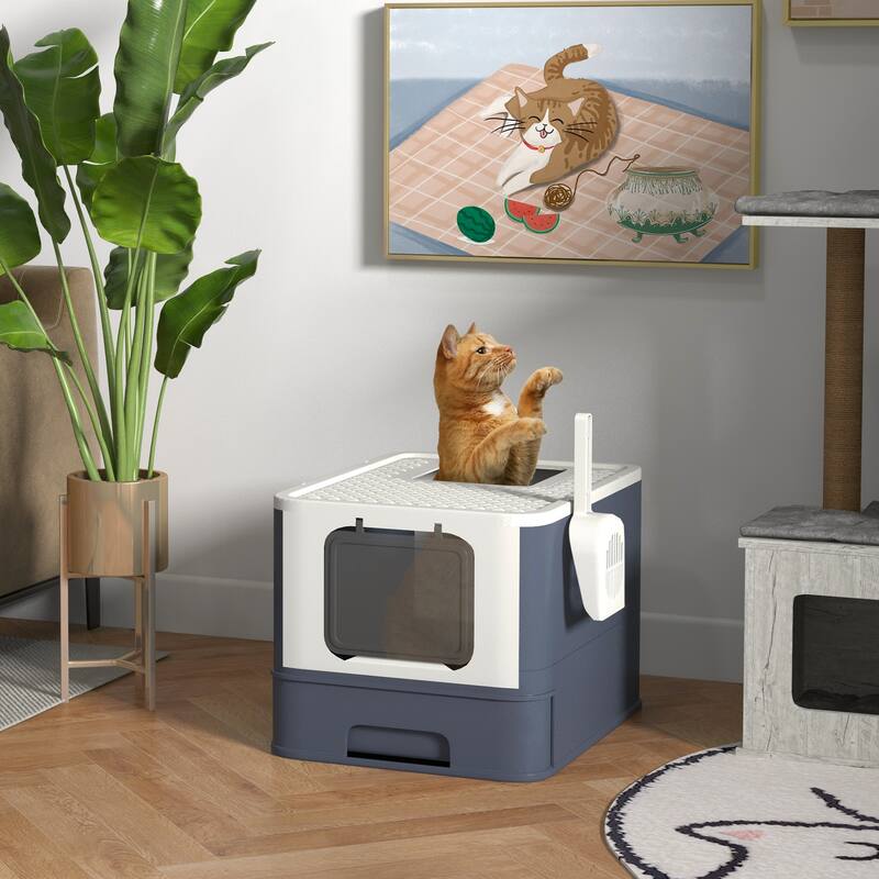 PawHut Cat Litter Box with Lid & Scoop for Large Cats Up to 13 lbs., White - White