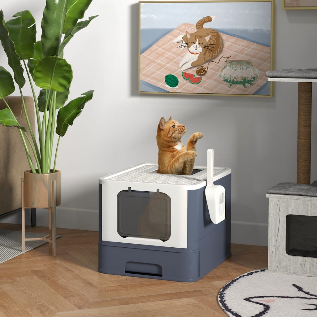 PawHut Cat Litter Box with Lid & Scoop for Large Cats Up to 13 lbs., White