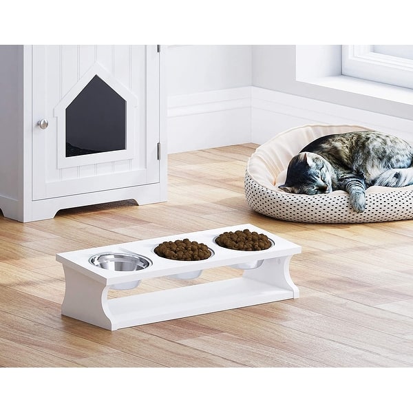 Elevated Wood Cat Feeder - Small Dog Feeder- with Stainless Steel