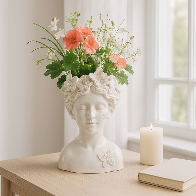 Ceramic Pot Planter Lady Crown Flower and Butterfly - 12" Ivory - 8" x 7" x 12"