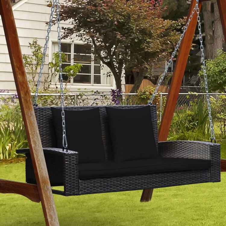 2-Person Wicker Hanging Porch Swing with 2 Back Cushions and 1 Seat Cushion - 50" x 22" x 20.5" (L x W x H)