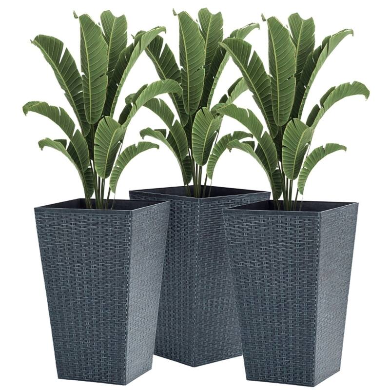 3-Piece Garden Pot Set with Drainage Hole and Rattan Design - 14.25" L x 14.25" W x 24" H