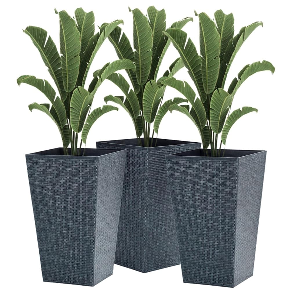 3-Piece Garden Pot Set with Drainage Hole and Rattan Design - 14.25" L x 14.25" W x 24" H