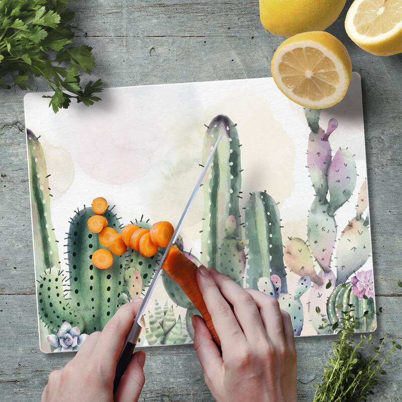 Watercolor Cactus 3mm Heat Tolerant Tempered Glass Cutting Board 10” x 8” Manufactured in the USA Dishwasher Safe