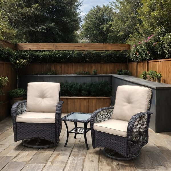 slide 2 of 20, 3 Pieces Outdoor Wicker Swivel Rocker Set with Glass Top Side Table