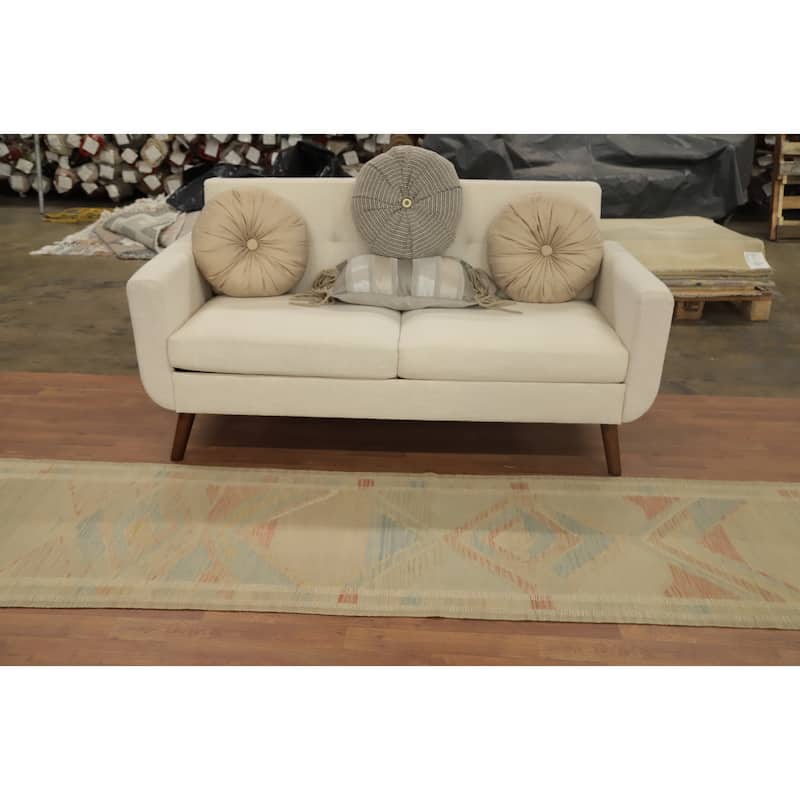 Hand Woven Oriental 100% Wool Carpet Southwestern Tribal Beige & Ivories Kilim Runner Rug - 9' 6'' X 2' 7''