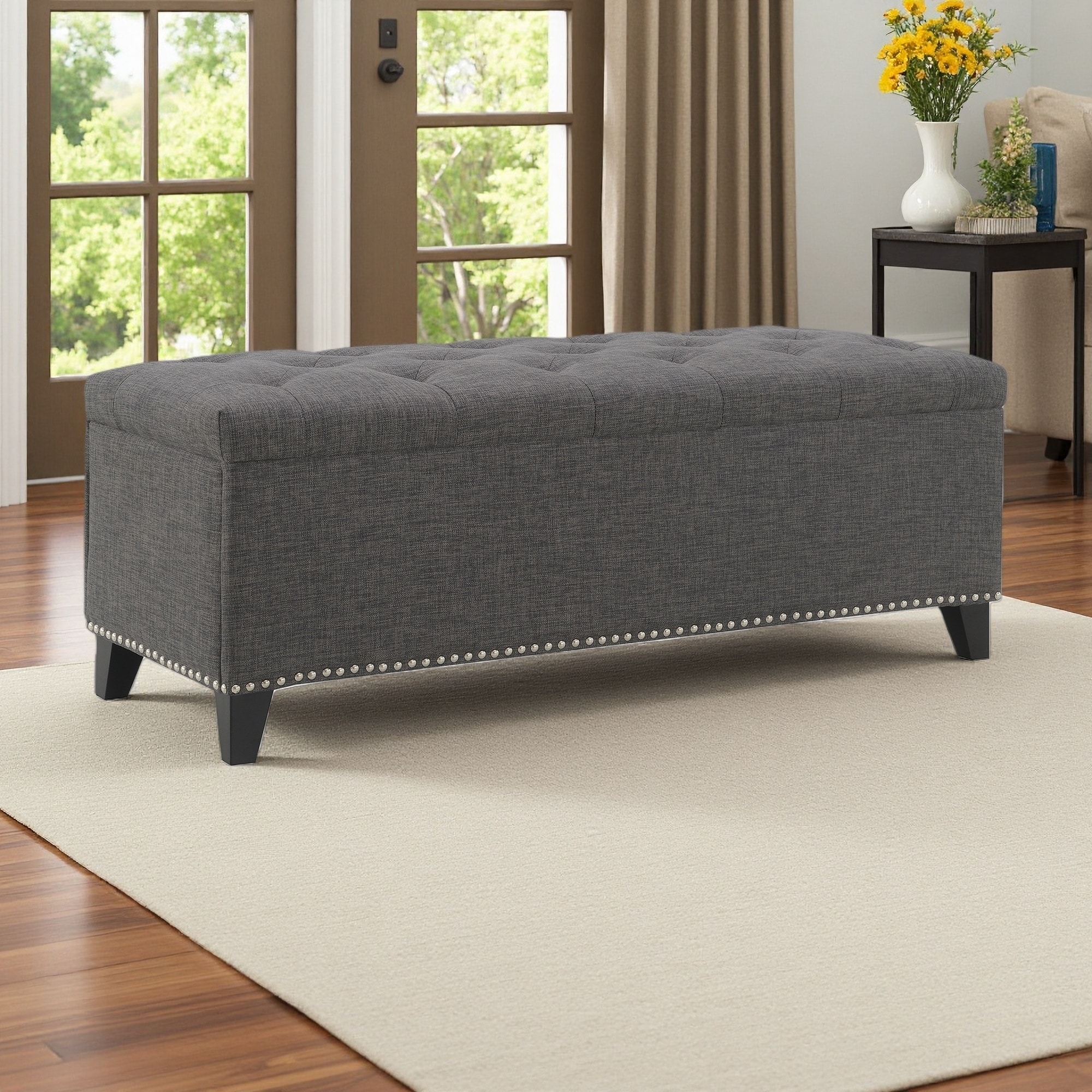 47.5"L Storage Bench Ottoman, Linen Button-Tufted Ottoman with Safety Close Hinge, Foot Rest for Living Room, Entryway, Hallway