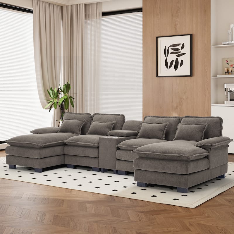 U-shaped Sectional Sofa Chenille Fabric Doudle Layer Cushion with USB Central Console - Stone Grey