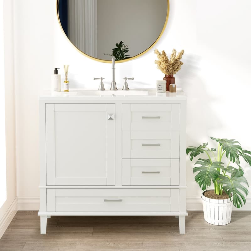 36" Bathroom Vanity with Ceramic Sink,Solid Pine Frame - White