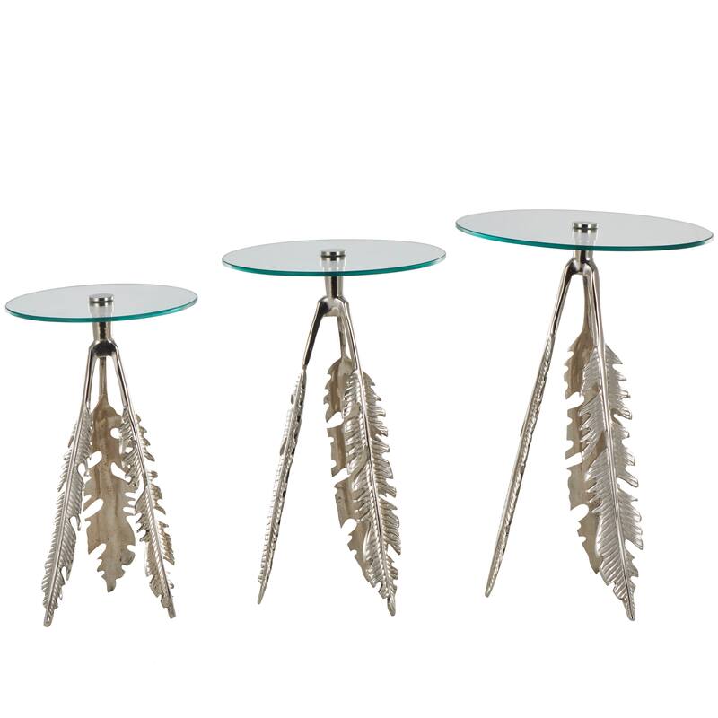 Silver or Gold Aluminum Metal Leaf Side End Accent Table with Tripod Legs and Tempered Glass Top (Set of 3)