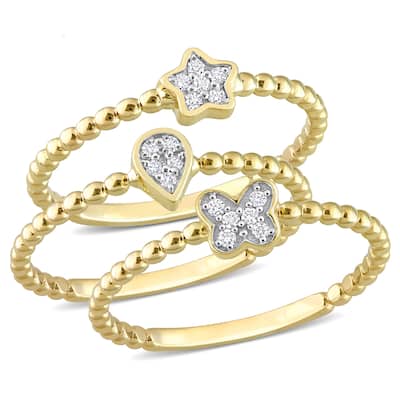 Miadora 1/10ct TDW Diamond Star Teardrop Clover Cluster Three Ring Set 14k Yellow Gold