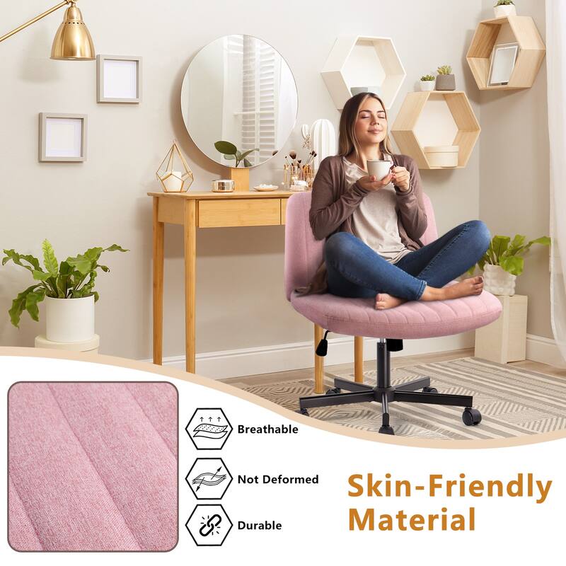 Bossin Criss Cross Chair Armless Office Desk Chair with Wheels,Fabric Padded Cross Legged Chair, Swivel Wide Seat Vanity Chair