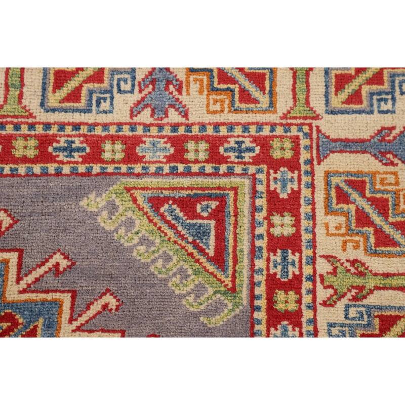 Grey Geometric Kazak Area Rug Handmade Oriental Wool Carpet - 4'1" x 6'2"