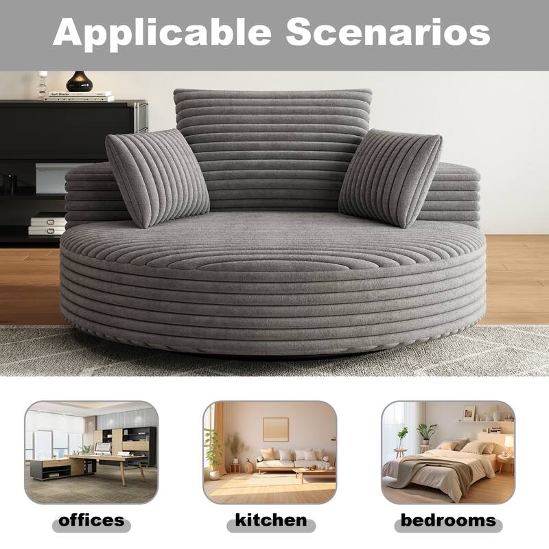 Fluffy Sleeper Sofa Chair 360° Swivel Chair Sofa Single Chaise Lounge Corduroy Foam Sofa Chair with Neck Support and Pillows
