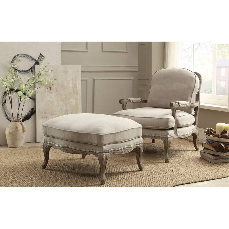 Living Room Accent Ottoman Wood Frame Gray Weathered Finish Textured Fabric Upholstery Foam Seat Cushion