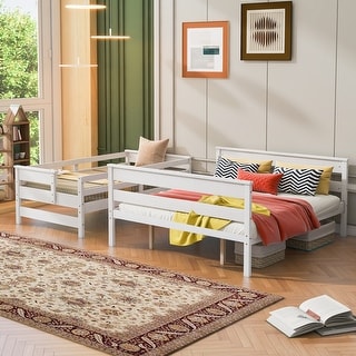 Wood Twin XL over Queen Bunk Bed with Ladder, Detachable Design, Guard Rails, White