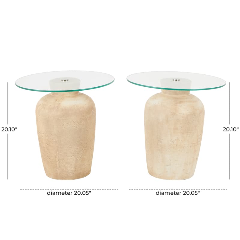 Beige Magnesium Oxide Side End Accent Table with Glass Tabletop (Set of 2)