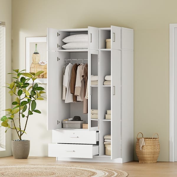 slide 2 of 12, 3-Door Mirror Wardrobe with 2 Drawers and Top Cabinet White