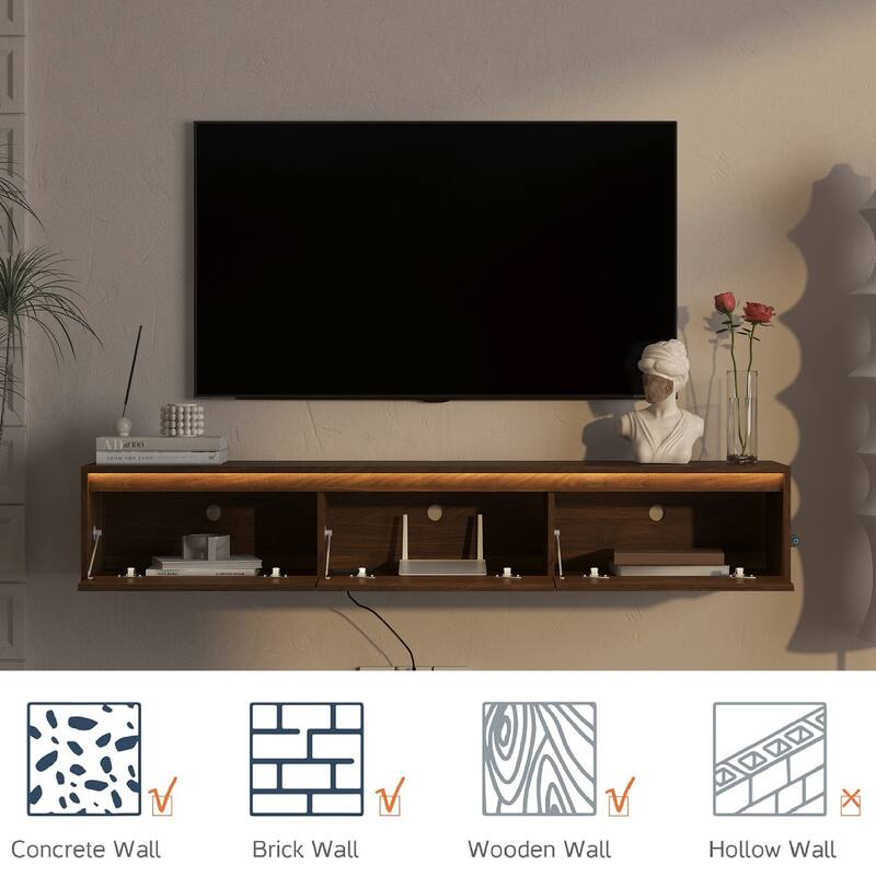 Floating TV Stand, Wall Mounted TV Shelf with LED Lights & Power Outlet, High Gloss TV Cabinet for Wood TV Stands