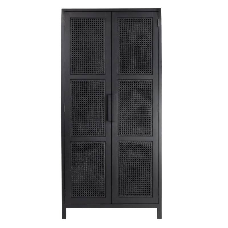 Mango Wood and Cane Curio Cabinet with 3 Shelves and 2 Doors