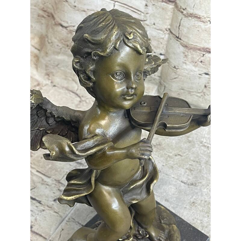 Cherub Child Angel Playing Violin Bronze Metal Statue Sculpture Memorial Decor Marble Base