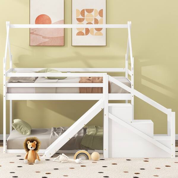 slide 2 of 14, Twin over Twin House Loft Kids Bed with Slide & Storage Staircase, White White