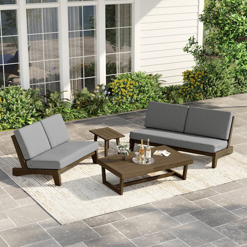 Casual Teak Outdoor Patio Conversation Set with Cushioned Sofa Loveaseat