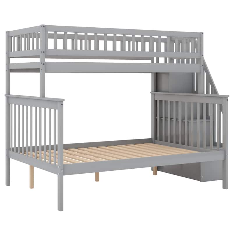 Gray Twin over Full Stairway Bunk Bed with Storage, Convertible to Two Separate Beds