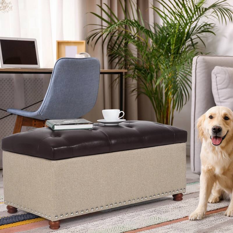 Adeco Rectangular Storage Ottoman Tufted Faux-Leather Bench Lifted Top