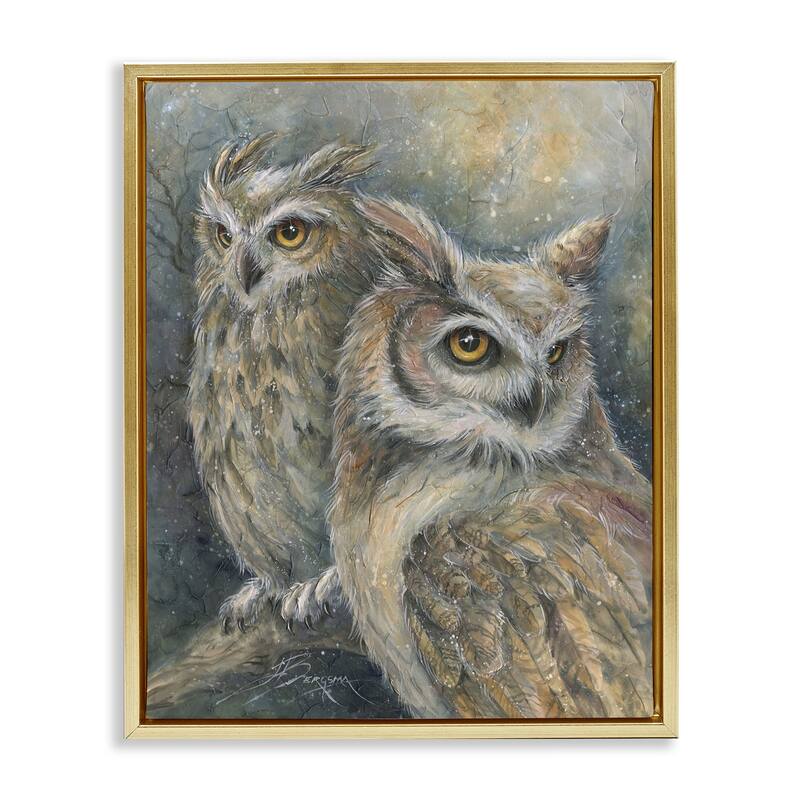 Stupell Neutral Feathered Owl Pair Framed Floater Canvas Wall Art Design By Jody Bergsma - 25 x 31 - Gold