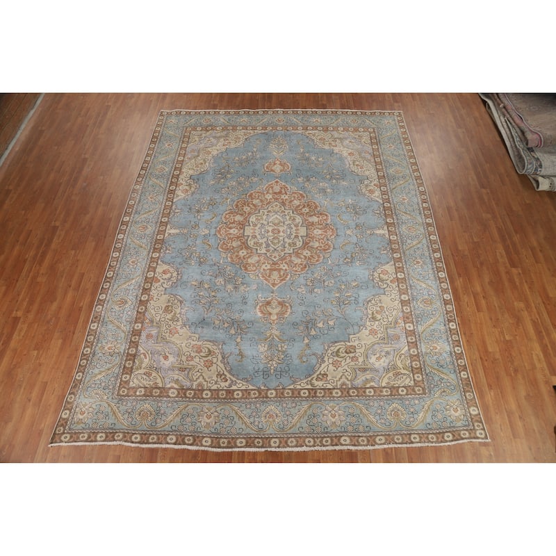 Light Blue Tabriz Persian Vintage Area Rug Handmade Wool Carpet - 9'10" x 12'7"