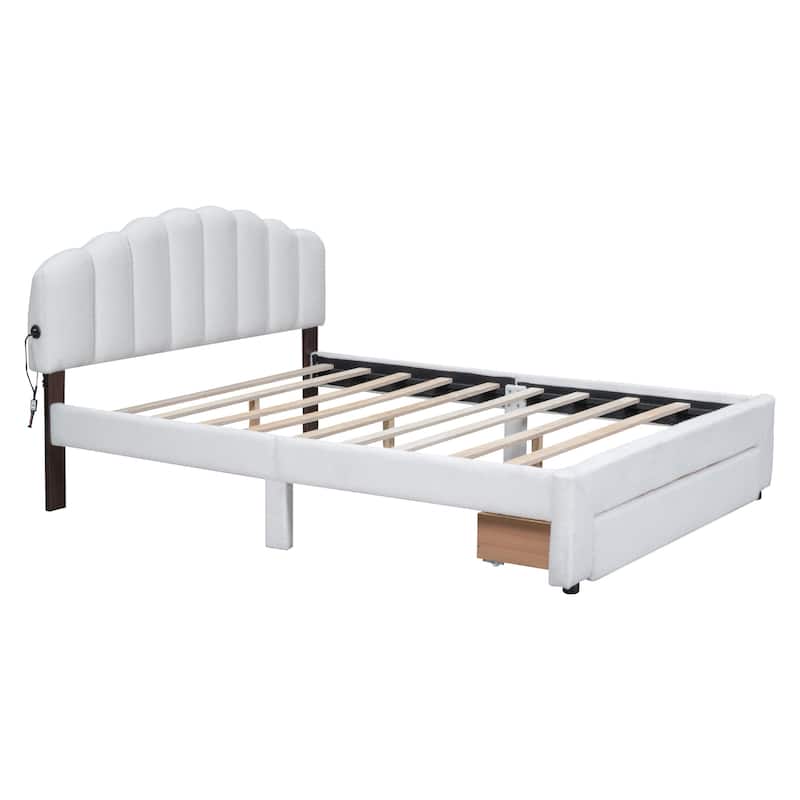 HomeRoots White Tufted Boucle Lighted Queen Bed Frame With USB And Drawer