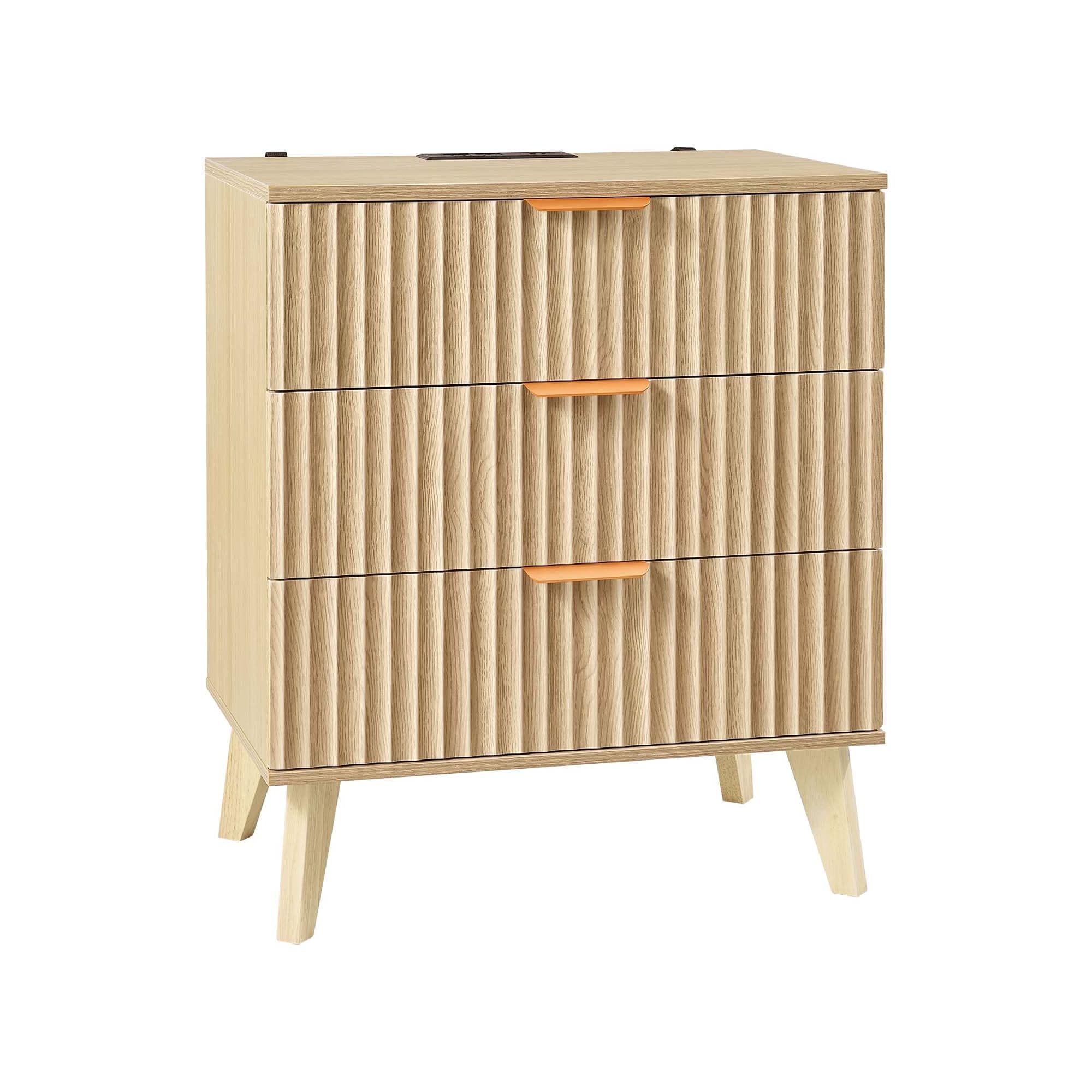 Fluted Nightstand with 3 Drawers and Charging Station
