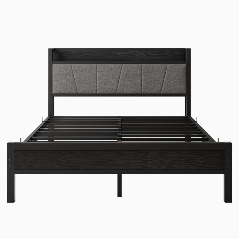 Queen Platform Bed with Upholstered Headboard, Built-in USB Ports & Outlets, Storage Shelf, Metal Frame with Under-Bed Space