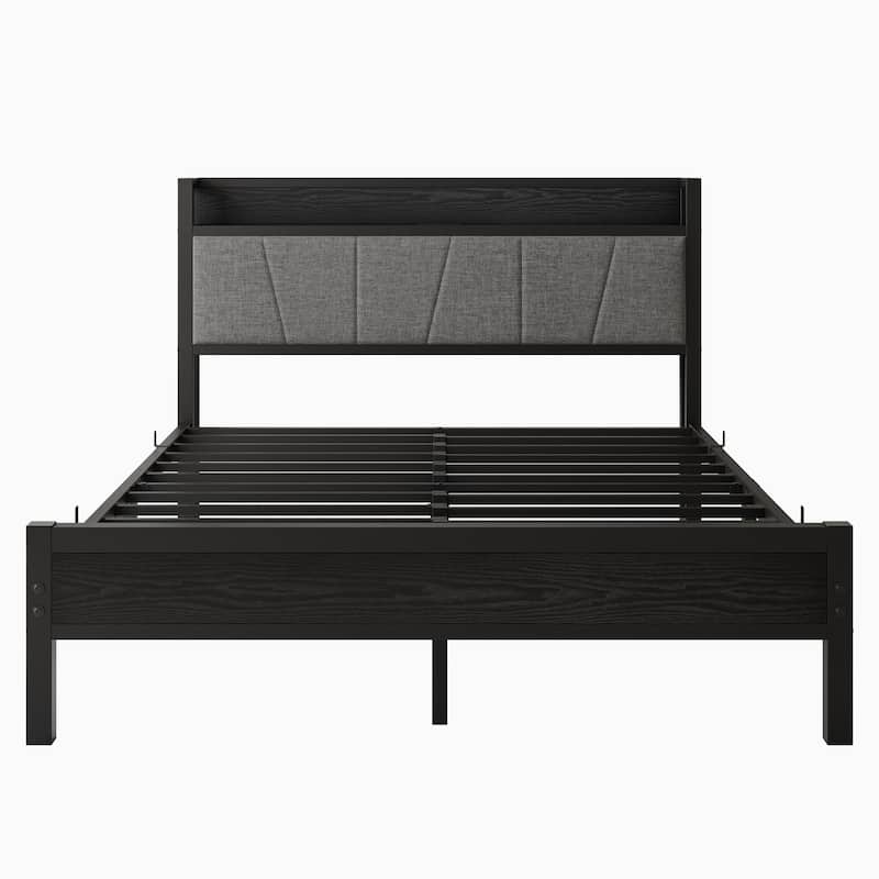Queen Storage Bed Frame with Charging Station, Upholstered Headboard, No Box Spring Needed, Easy Assembly