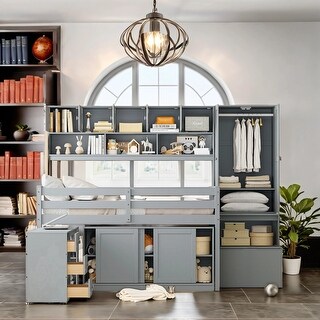 Space-Saving Design Full Size Loft Bed with Mobile Workstation, Integrated Wardrobe, Storage Staircase