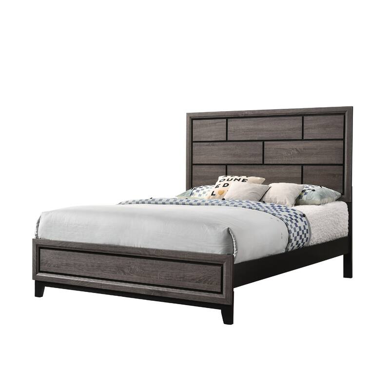 Full Size Wood Panel Bed with Geometric Headboard and Low-Profile Design