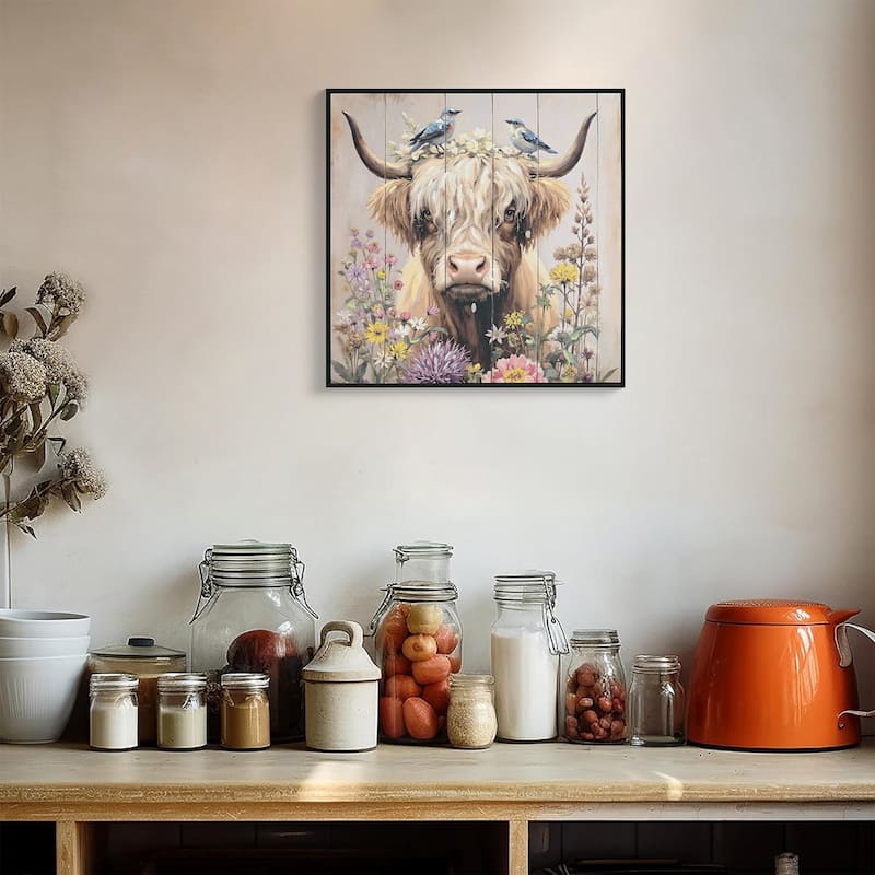 Farmhouse Highland Cow Wall Decor in Neutral colour: Rustic Cow and Chrysanthemum picture Canvas Art Print
